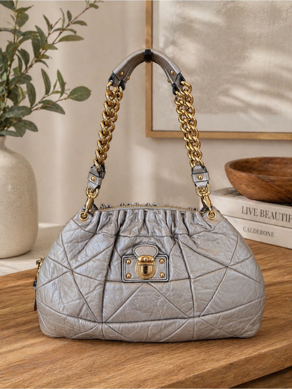 Marc Jacobs Quilted Leather Shoulder Bag Gold Tone Hardware
